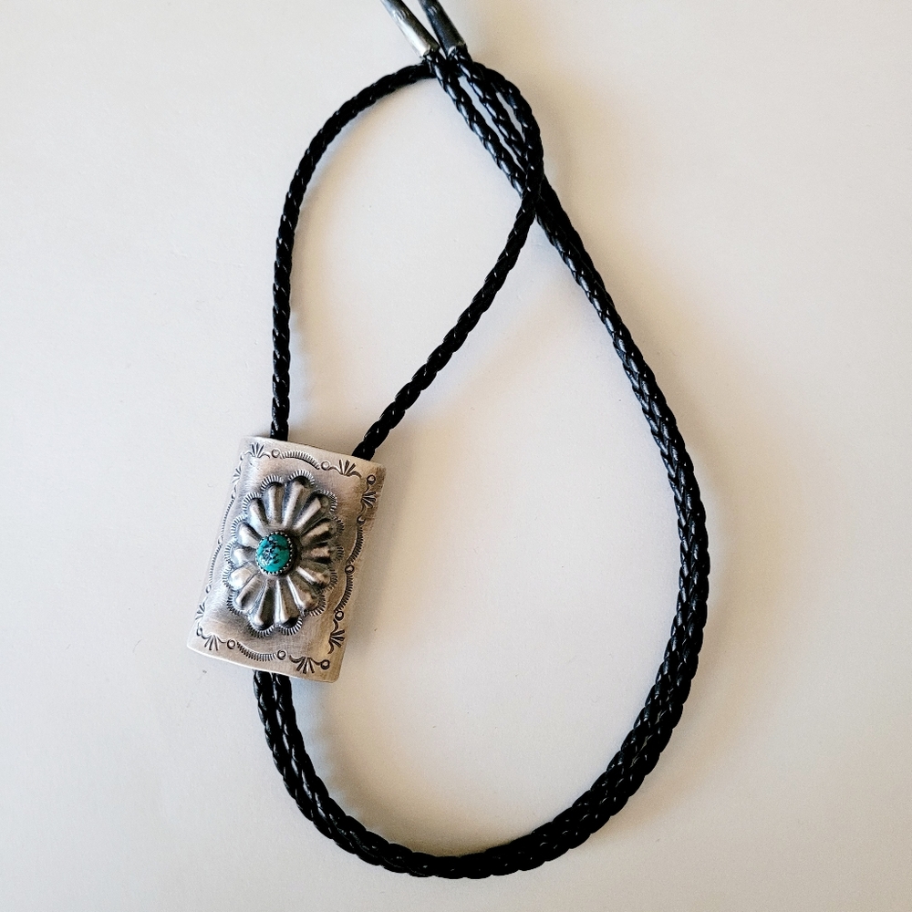 Oxidized Sterling Silver Concho Bolo Tie Native American Handmade